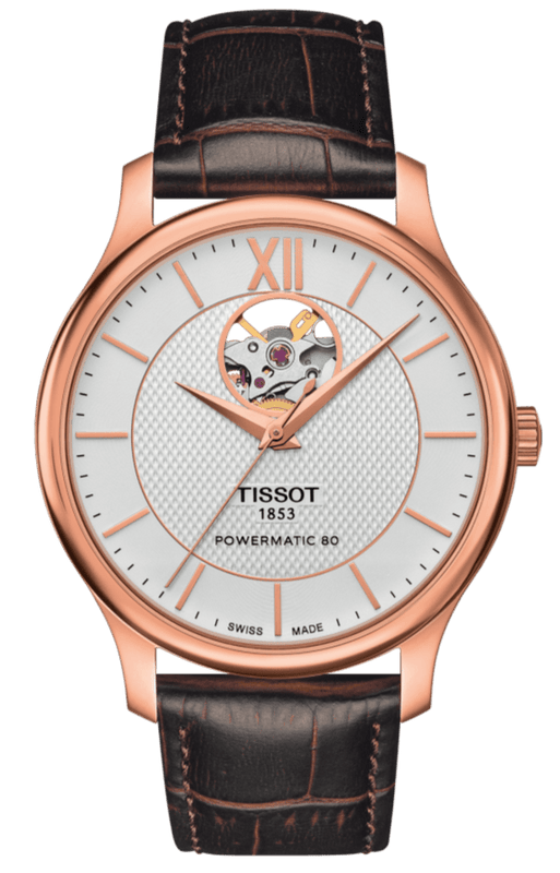 Tissot Tradition Powermatic 80 Open Heart Silver Dial Brown Leather Strap Watch For Men - T063.907.36.038.00