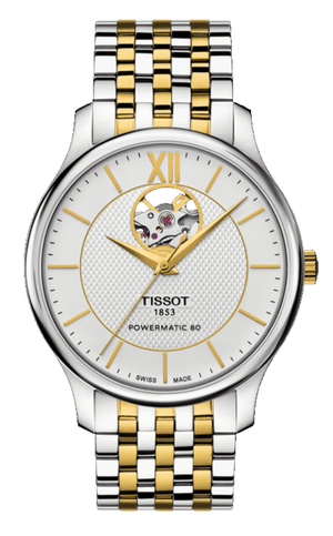 Tissot Tradition Powermatic 80 Open Heart Silver Dial Two Tone Steel Strap Watch For Men - T063.907.22.038.00