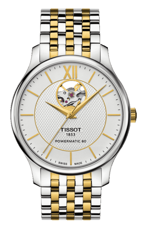 Tissot Tradition Powermatic 80 Open Heart Silver Dial Two Tone Steel Strap Watch For Men - T063.907.22.038.00