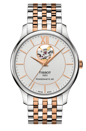 Tissot Tradition Powermatic 80 Open Heart Silver Dial Two Tone Steel Strap Watch For Men - T063.907.22.038.01