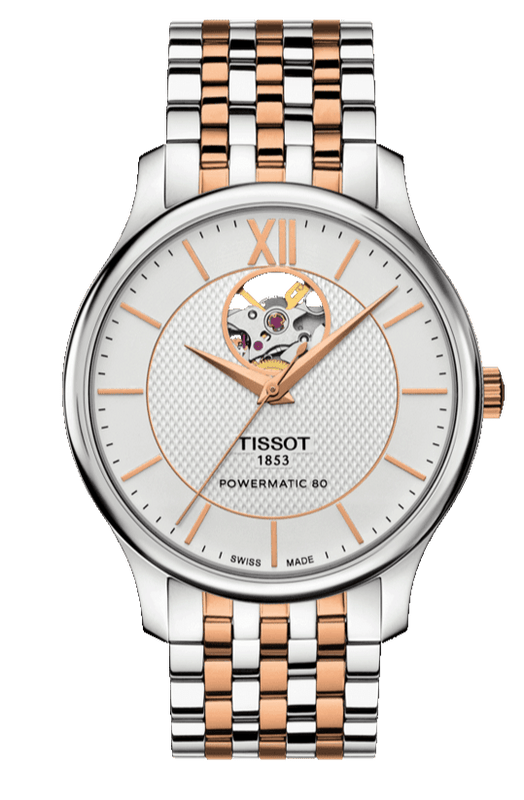 Tissot Tradition Powermatic 80 Open Heart Silver Dial Two Tone Steel Strap Watch For Men - T063.907.22.038.01