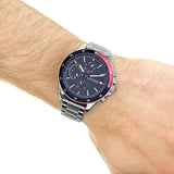 Tommy Hilfiger Bank Chronograph Blue Dial Silver Steel Strap Watch for Men - 1791718