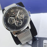 Tommy Hilfiger Chronograph Black Dial Silver Mesh Bracelet Watch for Men - 1791292