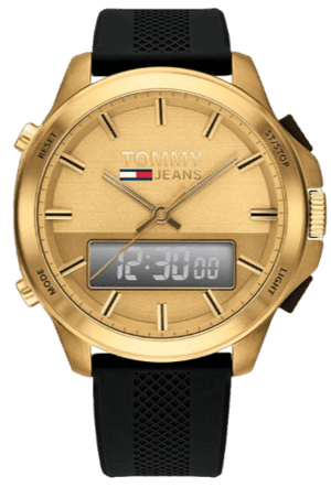 Tommy Hilfiger Jeans Digital Analog Gold Dial Black Rubber Strap Watch For Women  - 1791762