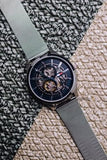 Tommy Hilfiger Spencer Skeleton Black Dial Silver Mesh Bracelet Watch for Men - 1791643