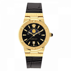 Versace Greca Moonphase Analog Black Dial Black Leather Strap Watch For Men - VE7G00123